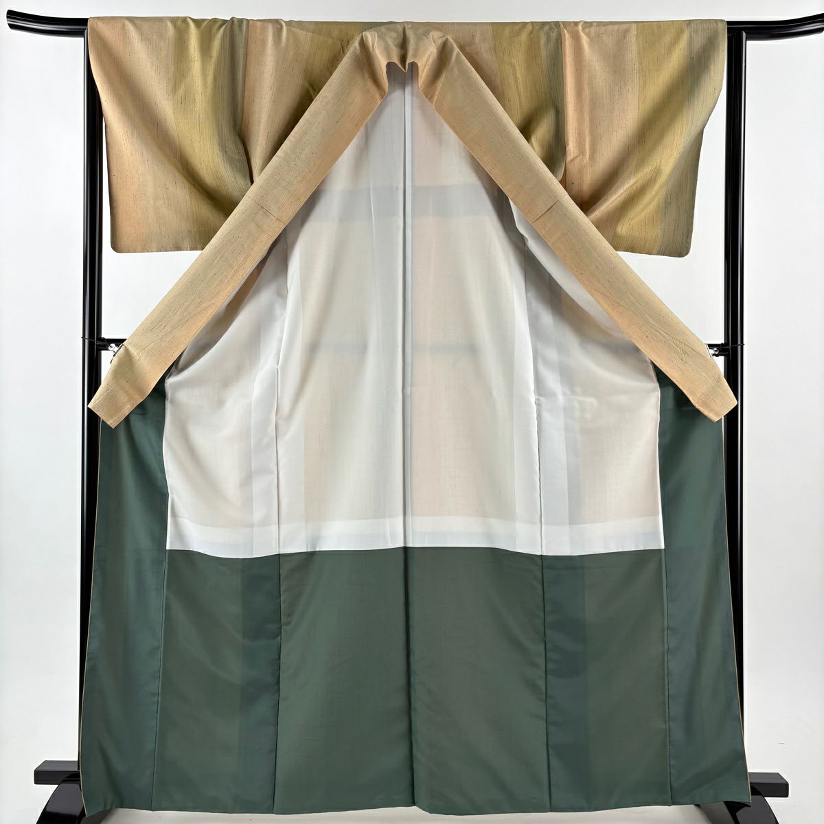 【美品】 紬織 身長166cm 袖長64cm M 雙層 縞 薄黃土 純蠶絲 名品級