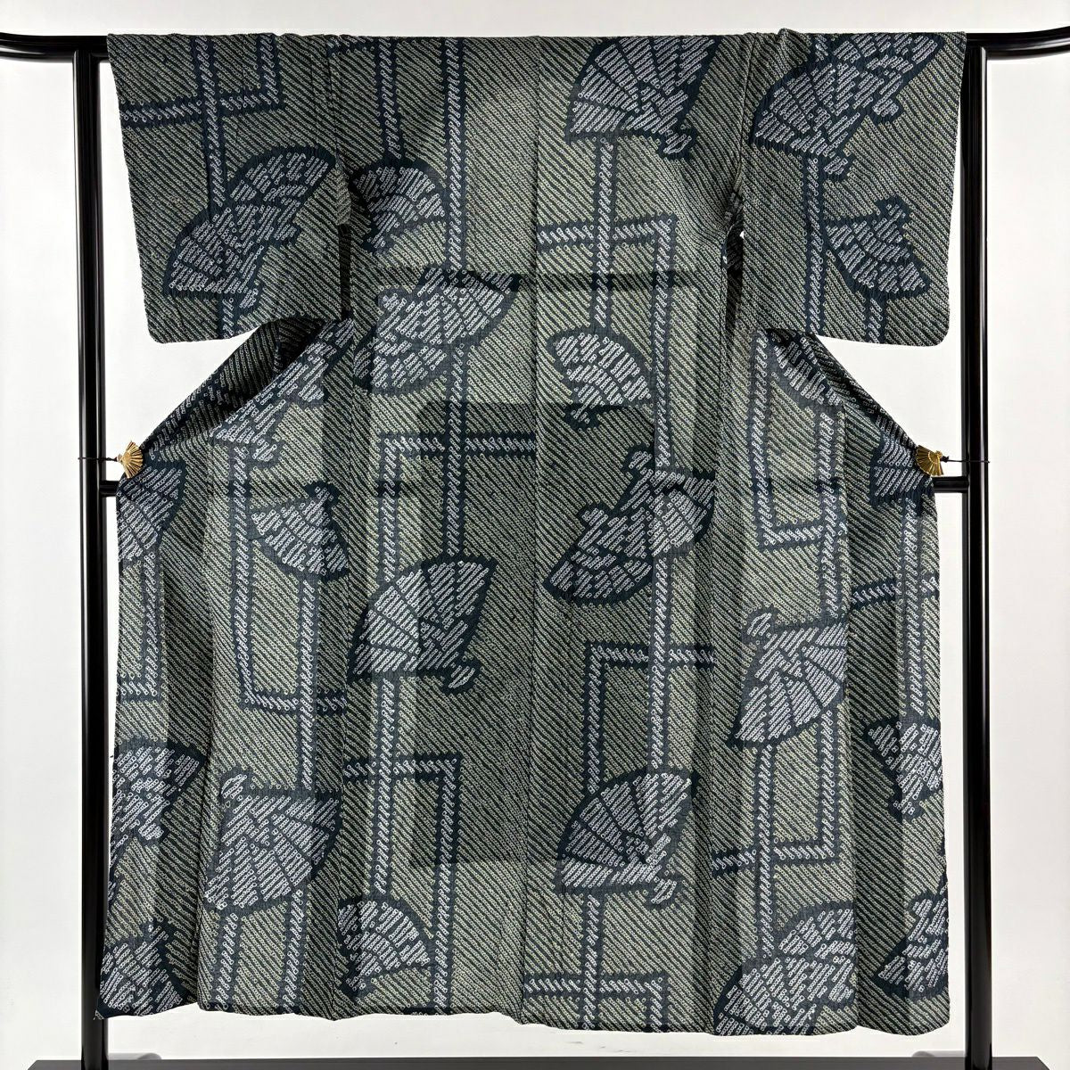 【美品】 浴衣 身長151cm 袖長62.5cm S 絞染浴衣 斜紋 檜扇子 青綠 純棉 名品級
