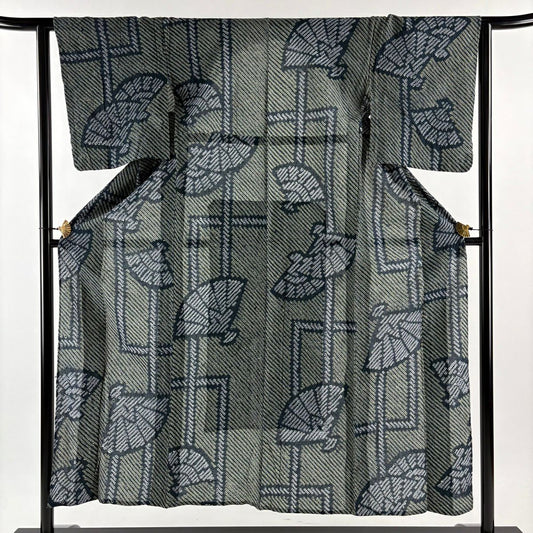 【美品】 浴衣 身長151cm 袖長62.5cm S 絞染浴衣 斜紋 檜扇子 青綠 純棉 名品級