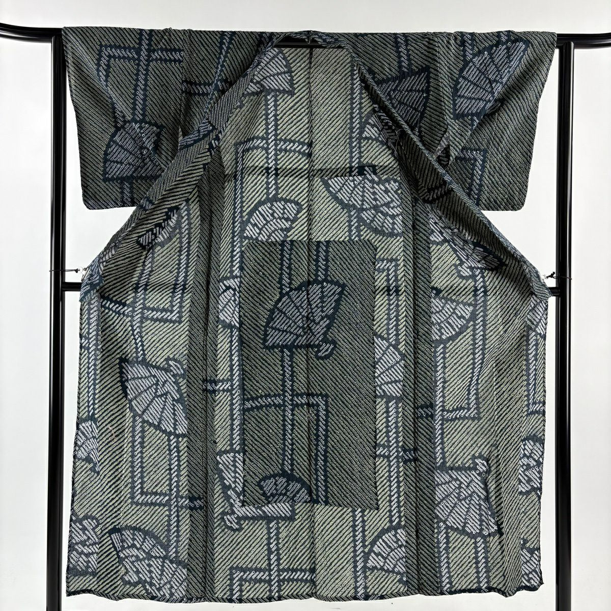 【美品】 浴衣 身長151cm 袖長62.5cm S 絞染浴衣 斜紋 檜扇子 青綠 純棉 名品級