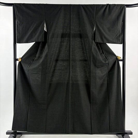 【美品】紬織 身長159cm 袖長66cm M 雙層 垂直條紋 黑 純蠶絲 名品級