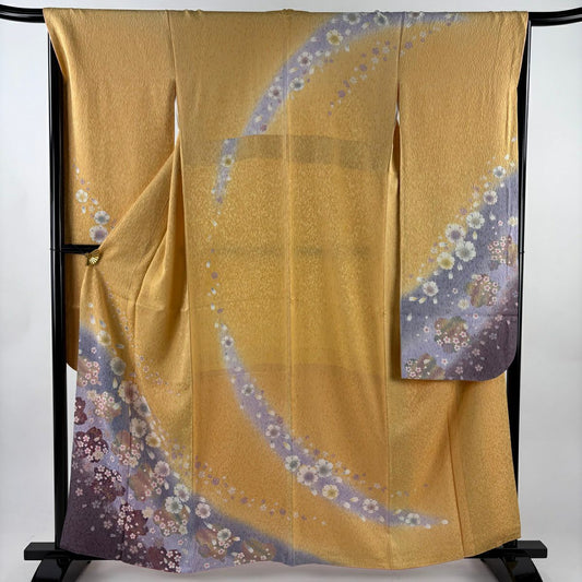 【美品】振袖禮服 身長160cm 袖長67cm M 雙層櫻櫻花瓣 金金箔 金彩裝飾 橙色 純蠶絲 名品級