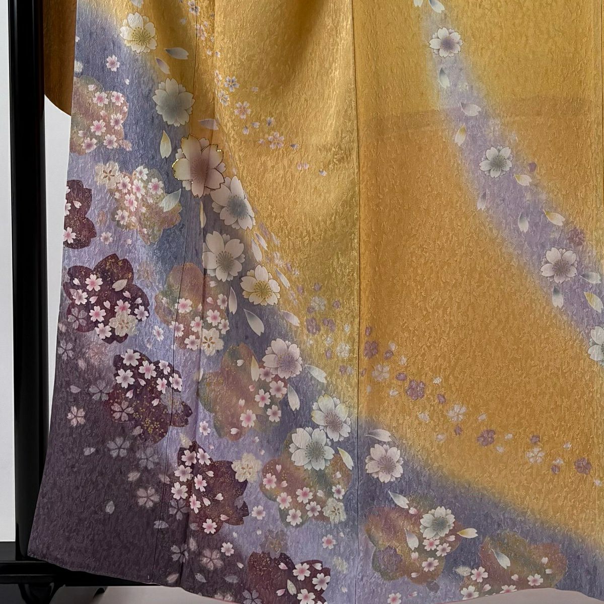【美品】振袖禮服 身長160cm 袖長67cm M 雙層櫻櫻花瓣 金金箔 金彩裝飾 橙色 純蠶絲 名品級