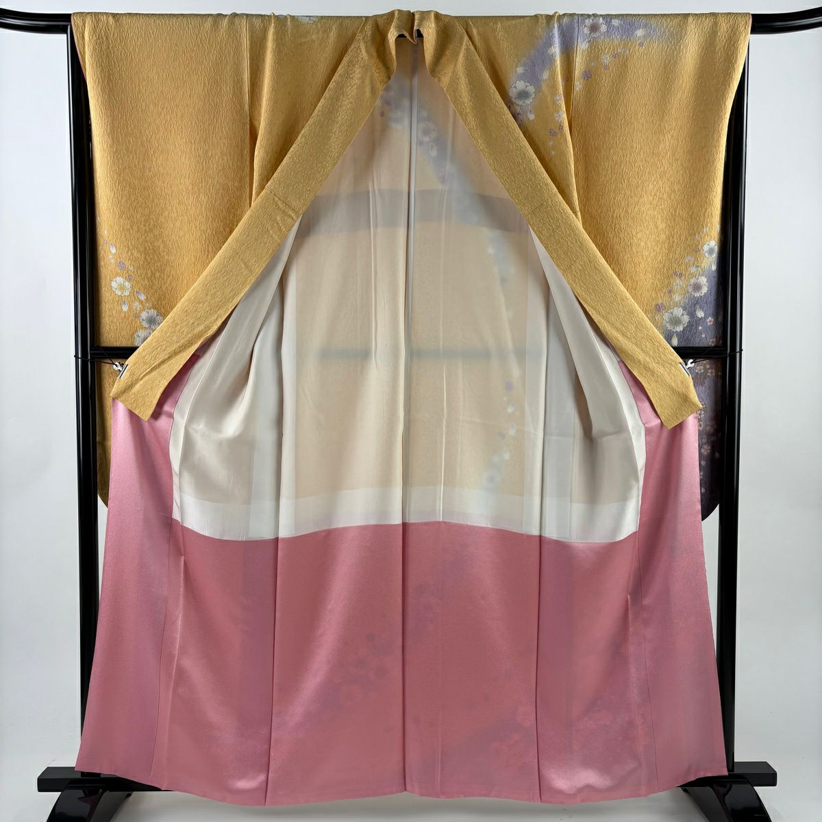 【美品】振袖禮服 身長160cm 袖長67cm M 雙層櫻櫻花瓣 金金箔 金彩裝飾 橙色 純蠶絲 名品級