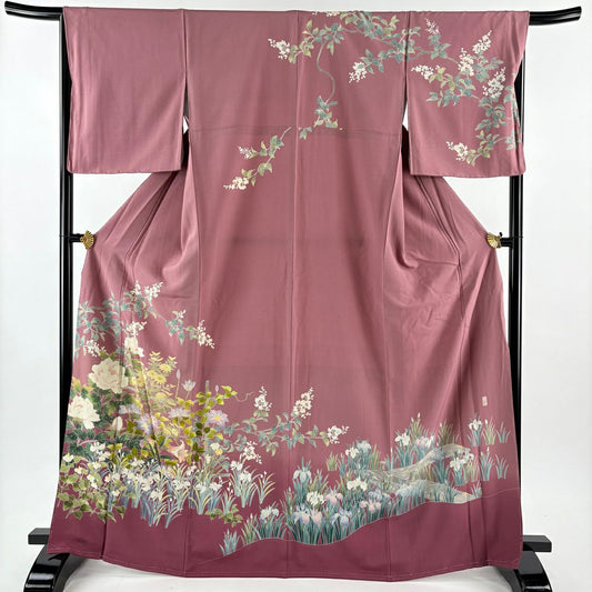 訪問服 身長167.5cm 袖長67cm M 雙層 岡村蒼風 落款あり 牡丹 枝花 染分 漸層 濃粉紅 純蠶絲 名品級