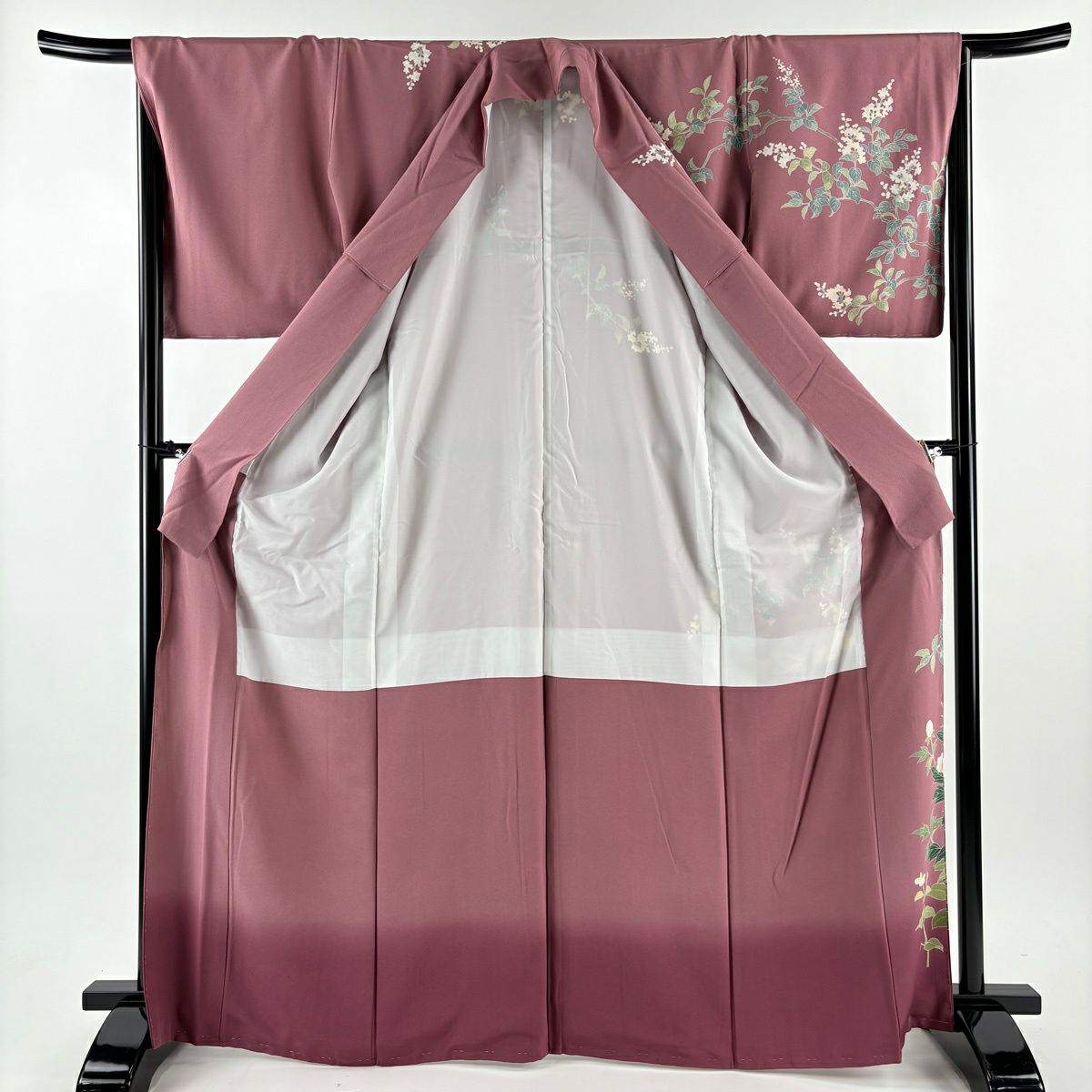 訪問服 身長167.5cm 袖長67cm M 雙層 岡村蒼風 落款あり 牡丹 枝花 染分 漸層 濃粉紅 純蠶絲 名品級