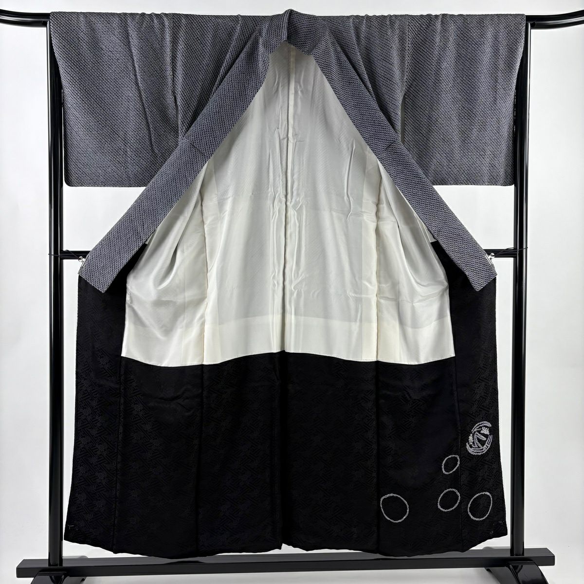 【美品】 小紋 身長155cm 袖長66cm M 雙層 總絞染 黑灰 純蠶絲 名品級