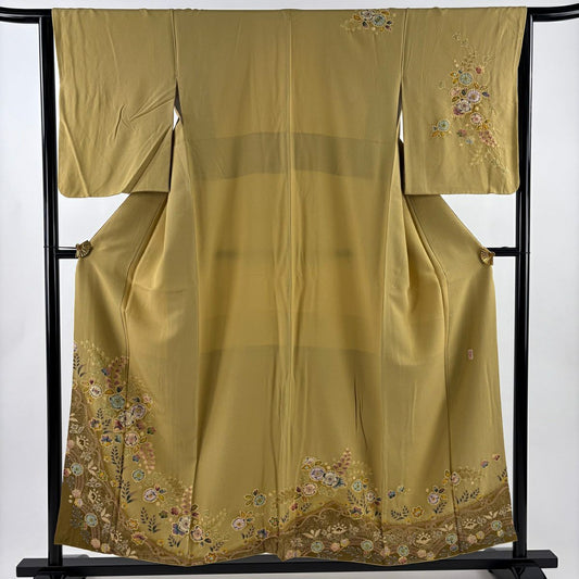 【美品】訪問服 身長155cm 袖長64cm M 雙層 翠山工房 落款あり 辻花染 花唐草紋 金銀彩 ぼかし 黃土色 純蠶絲 名品級