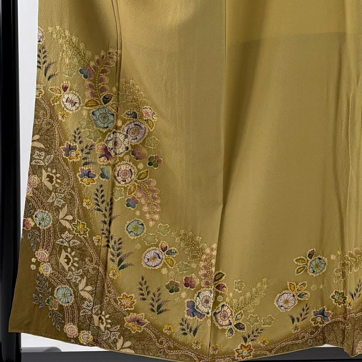 【美品】訪問服 身長155cm 袖長64cm M 雙層 翠山工房 落款あり 辻花染 花唐草紋 金銀彩 ぼかし 黃土色 純蠶絲 名品級