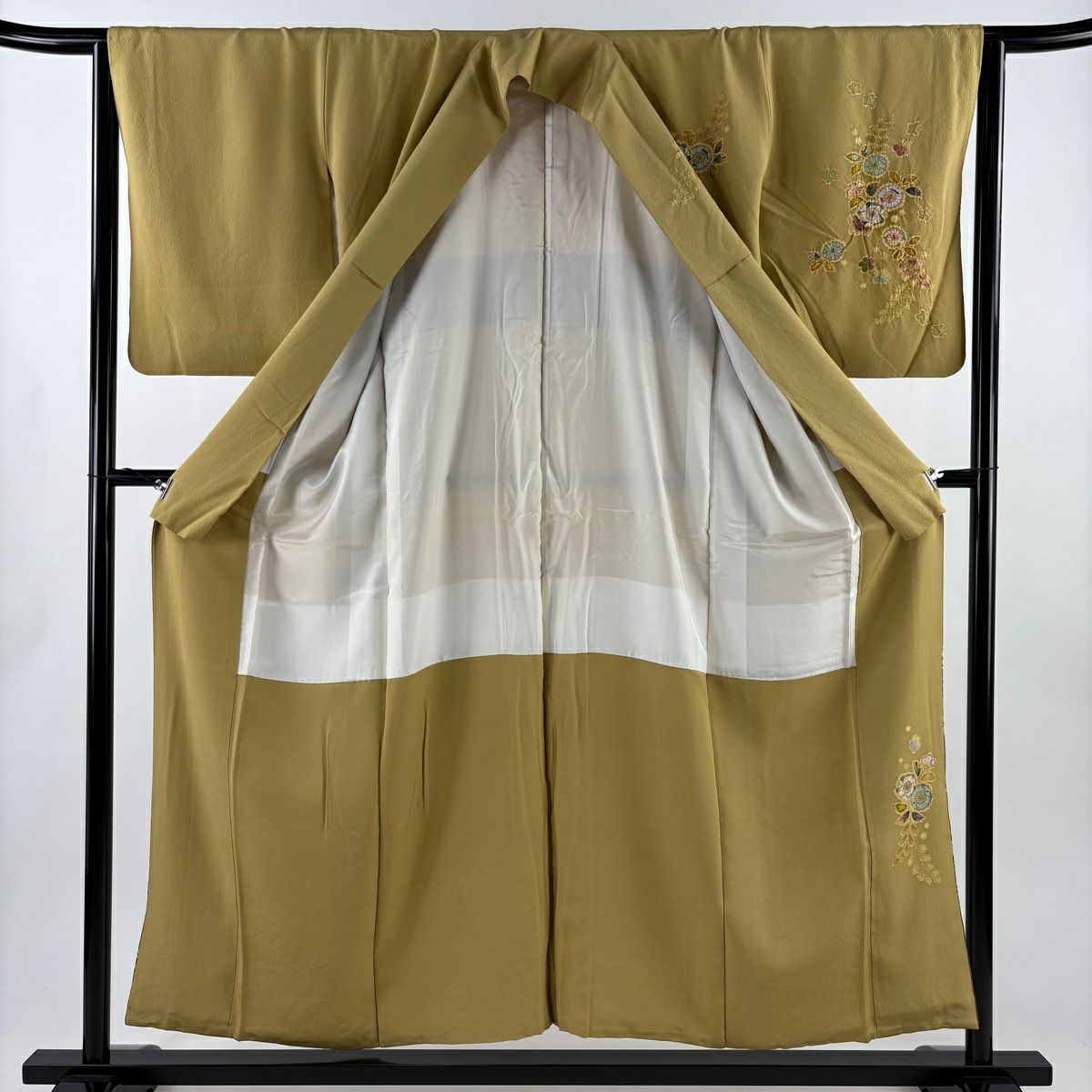 【美品】訪問服 身長155cm 袖長64cm M 雙層 翠山工房 落款あり 辻花染 花唐草紋 金銀彩 ぼかし 黃土色 純蠶絲 名品級