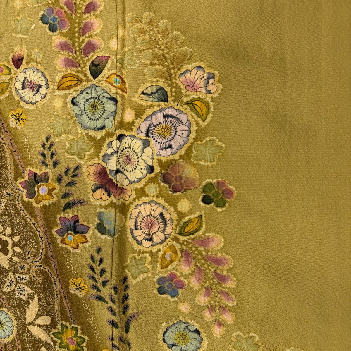 【美品】訪問服 身長155cm 袖長64cm M 雙層 翠山工房 落款あり 辻花染 花唐草紋 金銀彩 ぼかし 黃土色 純蠶絲 名品級