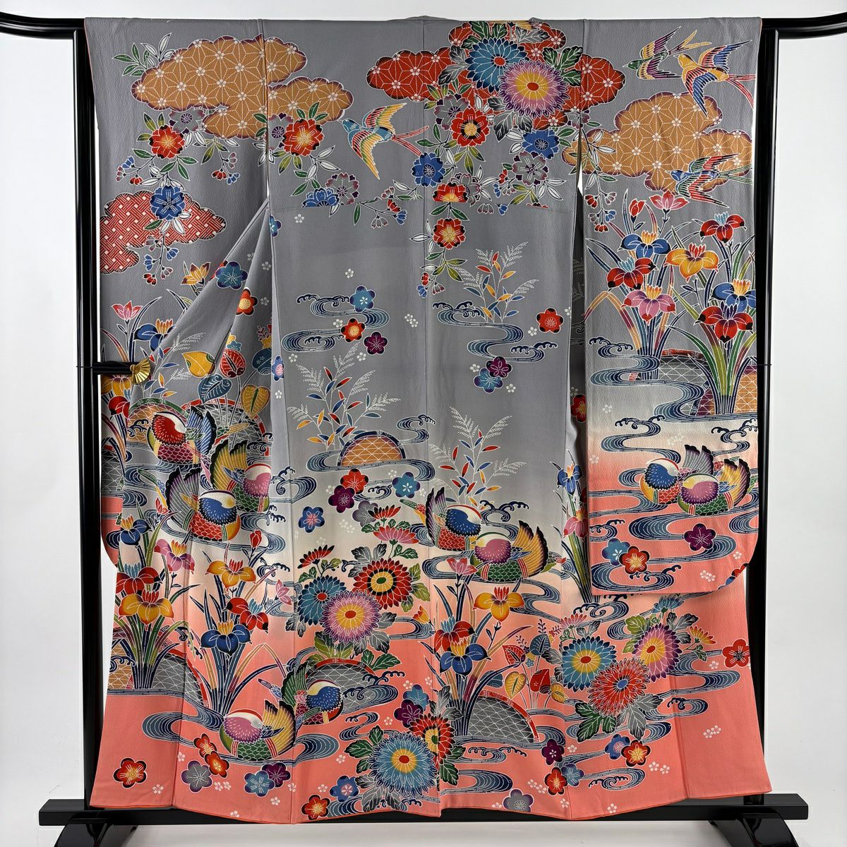 振袖禮服 身長157cm 袖長63.5cm S 雙層 鴛鴦 菖蒲 染分 逐漸色 灰色 純蠶絲 名品級