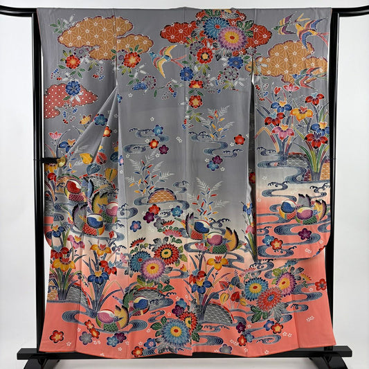 振袖禮服 身長157cm 袖長63.5cm S 雙層 鴛鴦 菖蒲 染分 逐漸色 灰色 純蠶絲 名品級