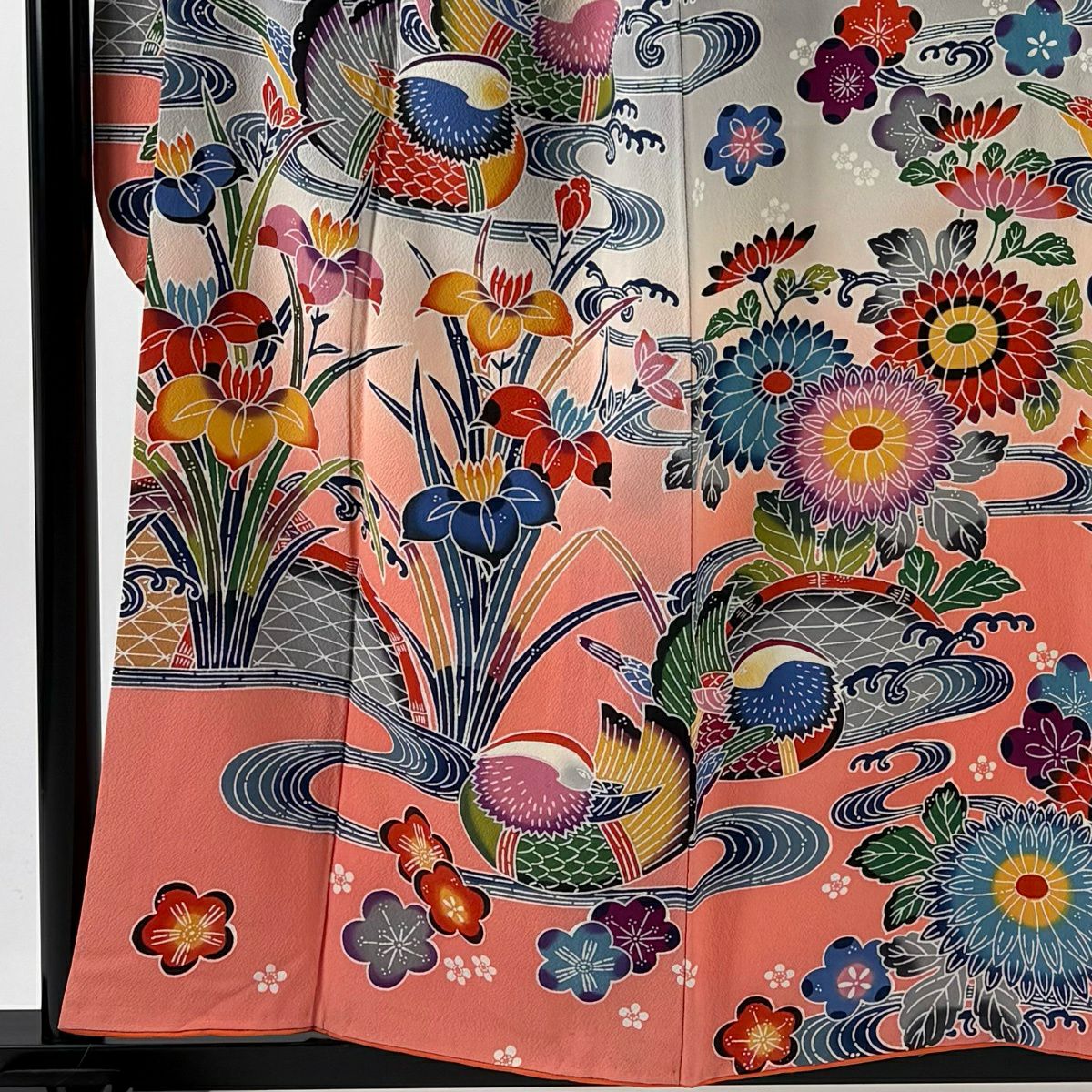 振袖禮服 身長157cm 袖長63.5cm S 雙層 鴛鴦 菖蒲 染分 逐漸色 灰色 純蠶絲 名品級