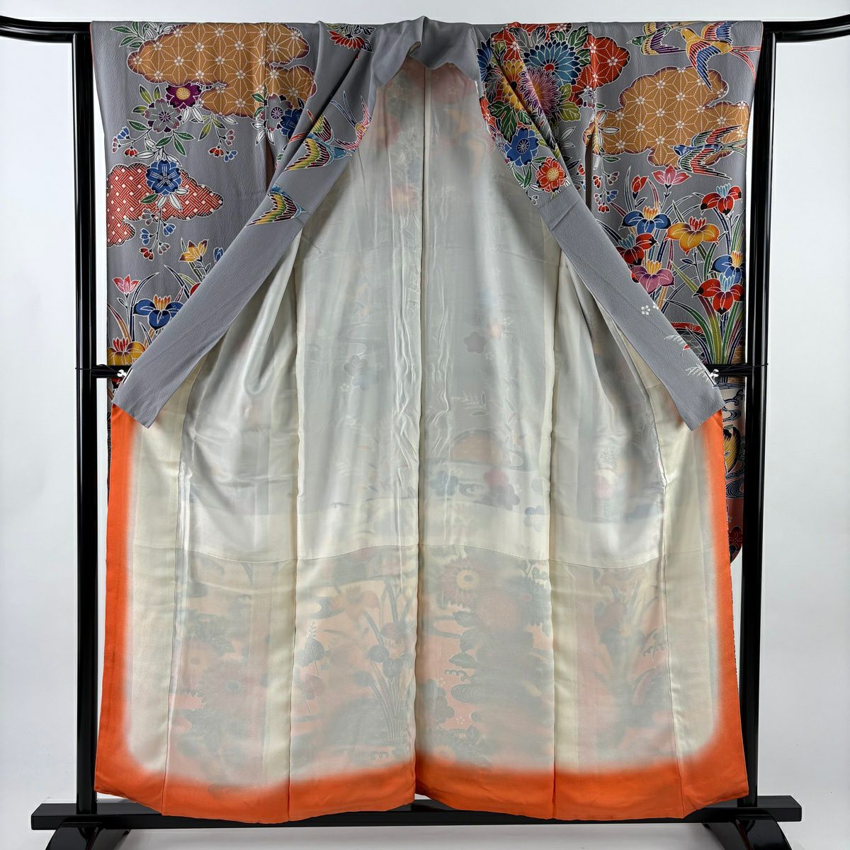 振袖禮服 身長157cm 袖長63.5cm S 雙層 鴛鴦 菖蒲 染分 逐漸色 灰色 純蠶絲 名品級