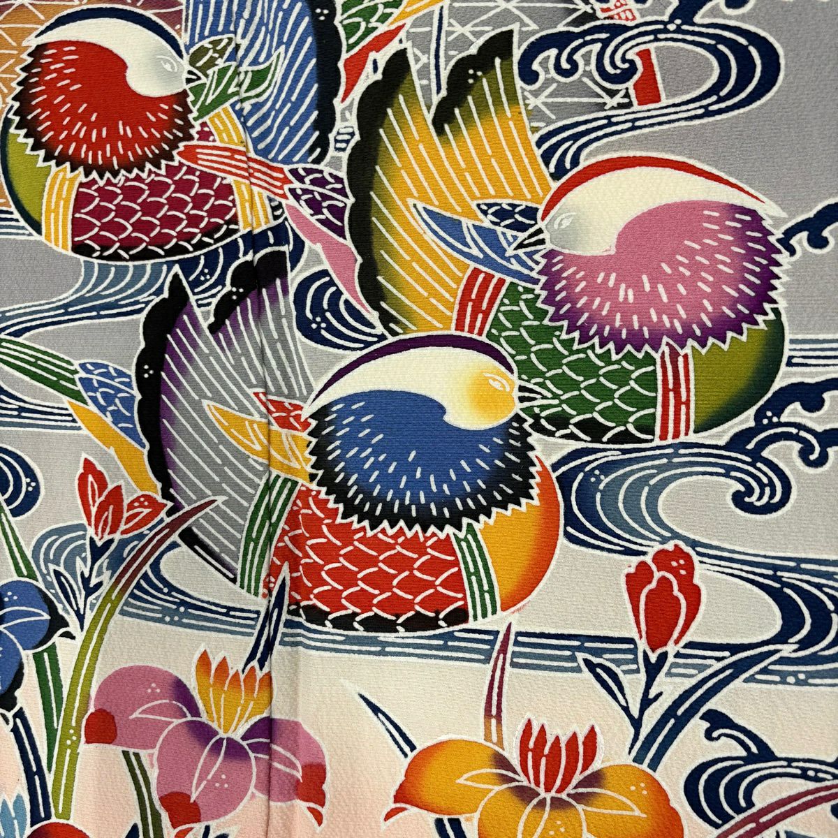 振袖禮服 身長157cm 袖長63.5cm S 雙層 鴛鴦 菖蒲 染分 逐漸色 灰色 純蠶絲 名品級