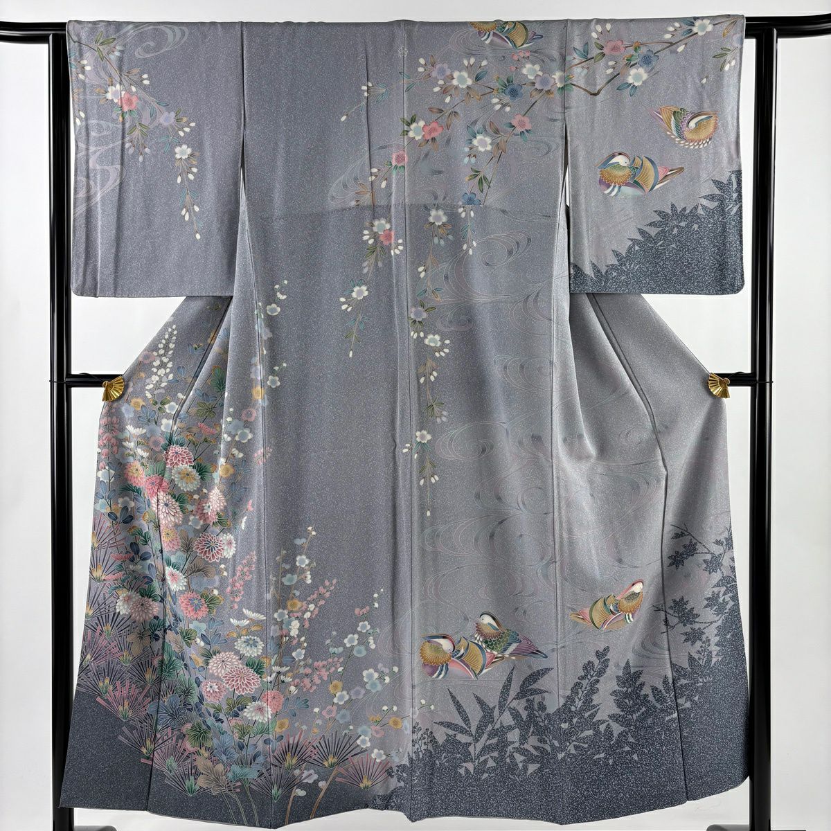 【美品】訪問服 身長151.5cm 袖長62.5cm S 雙層 鴛鴦 松樹梅花 染分 金銀彩 灰紫 純蠶絲 名品級 一つ紋
