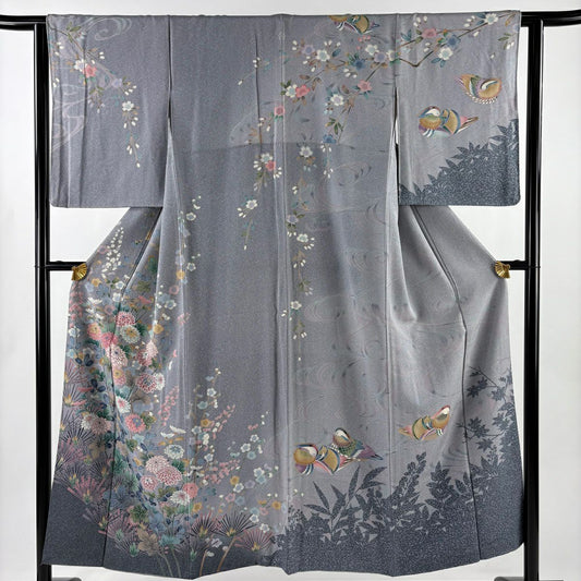 【美品】訪問服 身長151.5cm 袖長62.5cm S 雙層 鴛鴦 松樹梅花 染分 金銀彩 灰紫 純蠶絲 名品級 一つ紋