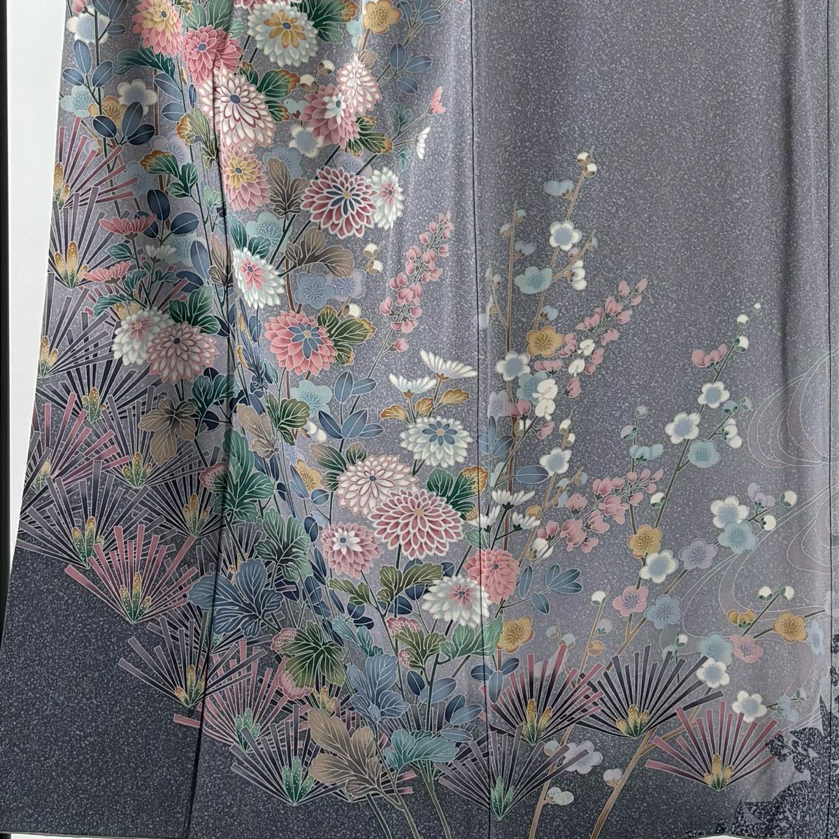【美品】訪問服 身長151.5cm 袖長62.5cm S 雙層 鴛鴦 松樹梅花 染分 金銀彩 灰紫 純蠶絲 名品級 一つ紋