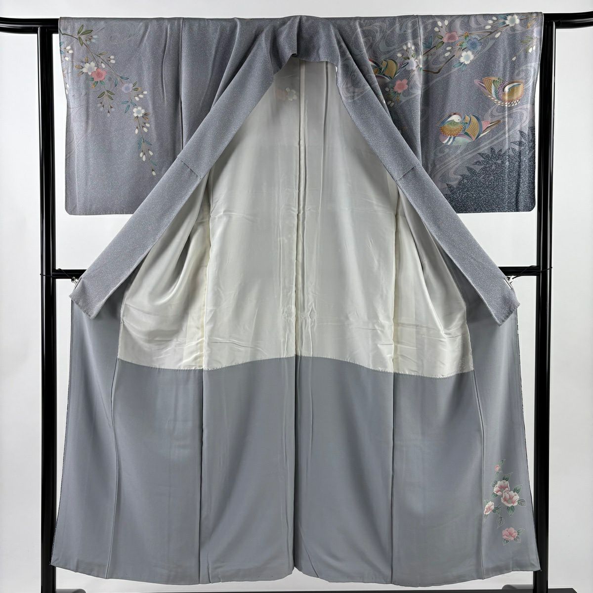 【美品】訪問服 身長151.5cm 袖長62.5cm S 雙層 鴛鴦 松樹梅花 染分 金銀彩 灰紫 純蠶絲 名品級 一つ紋