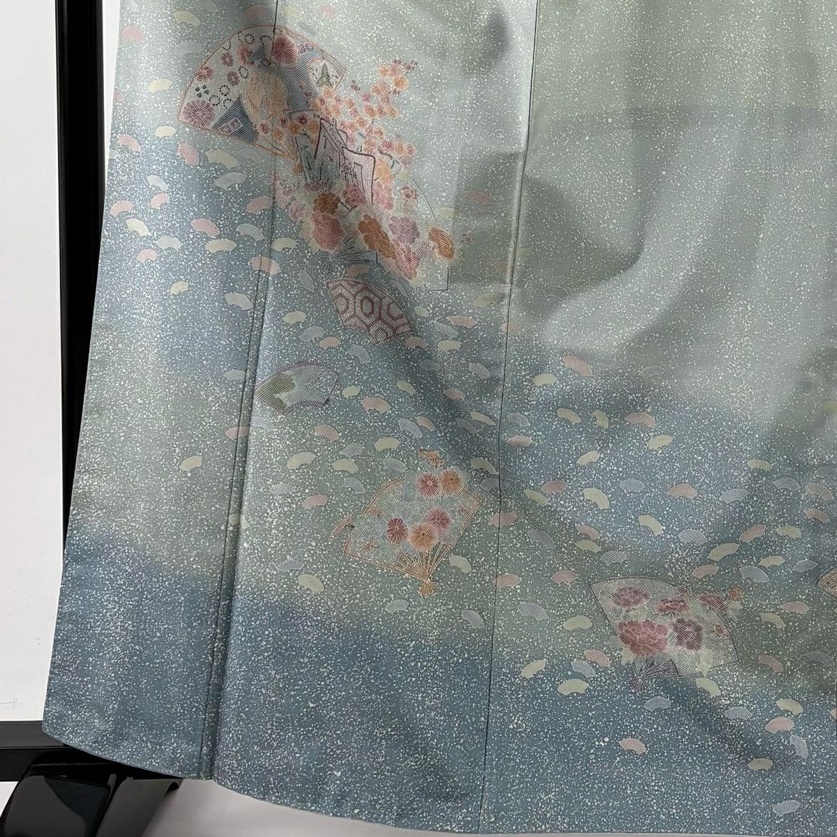 訪問服 身長164cm 袖長63cm S 雙層 大島紬織地 落款あり 證書あり 扇子 花鳥 染分 青灰 純蠶絲 名品級