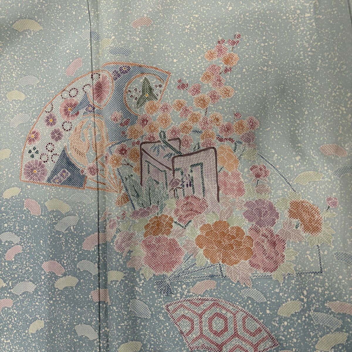 訪問服 身長164cm 袖長63cm S 雙層 大島紬織地 落款あり 證書あり 扇子 花鳥 染分 青灰 純蠶絲 名品級
