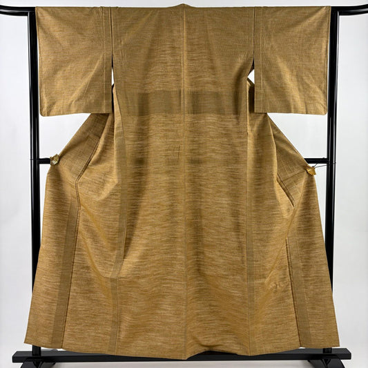 【美品】 紬織 身長158cm 袖長63cm S 單層 幾何學 細條 山吹茶 純蠶絲 名品級