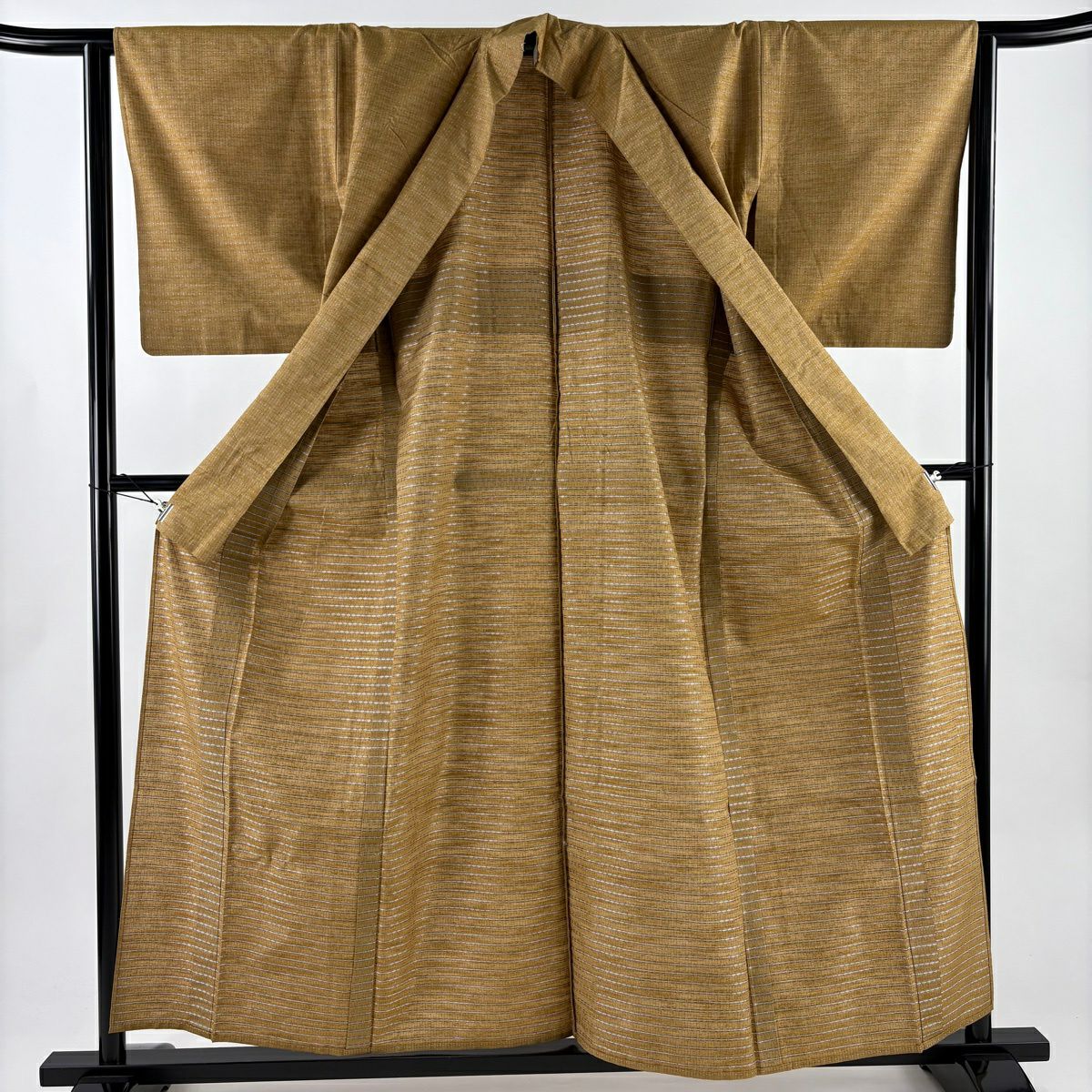 【美品】 紬織 身長158cm 袖長63cm S 單層 幾何學 細條 山吹茶 純蠶絲 名品級