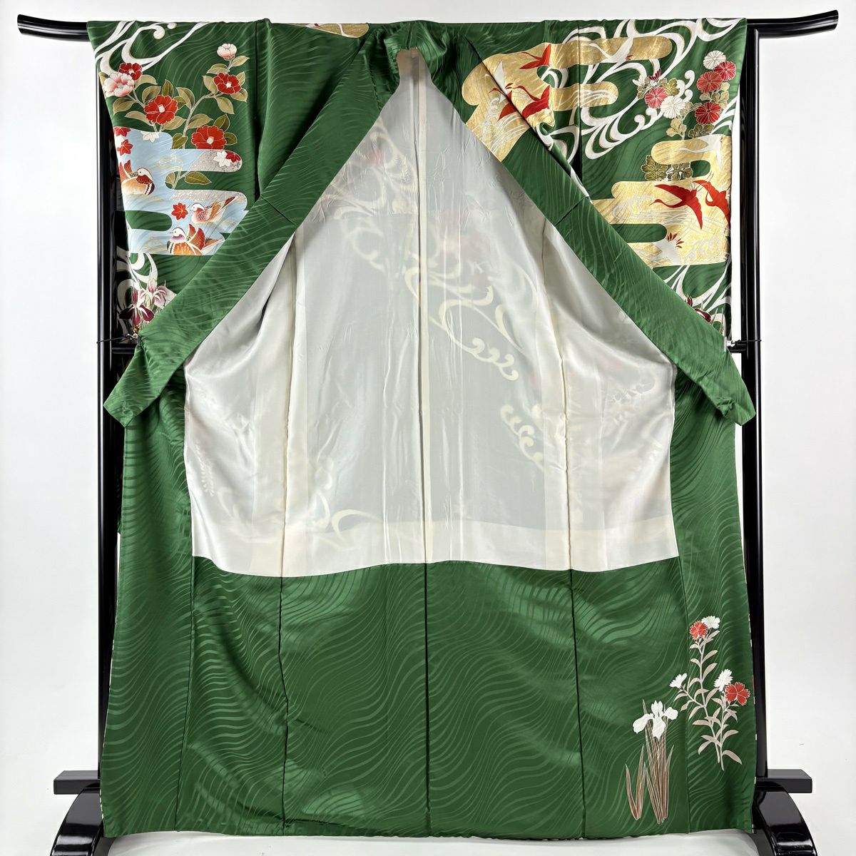 振袖禮服 身長170.5cm 袖長66cm M 雙層 仙鶴 牡丹 金絲 金銀彩 綠 純蠶絲 名品級