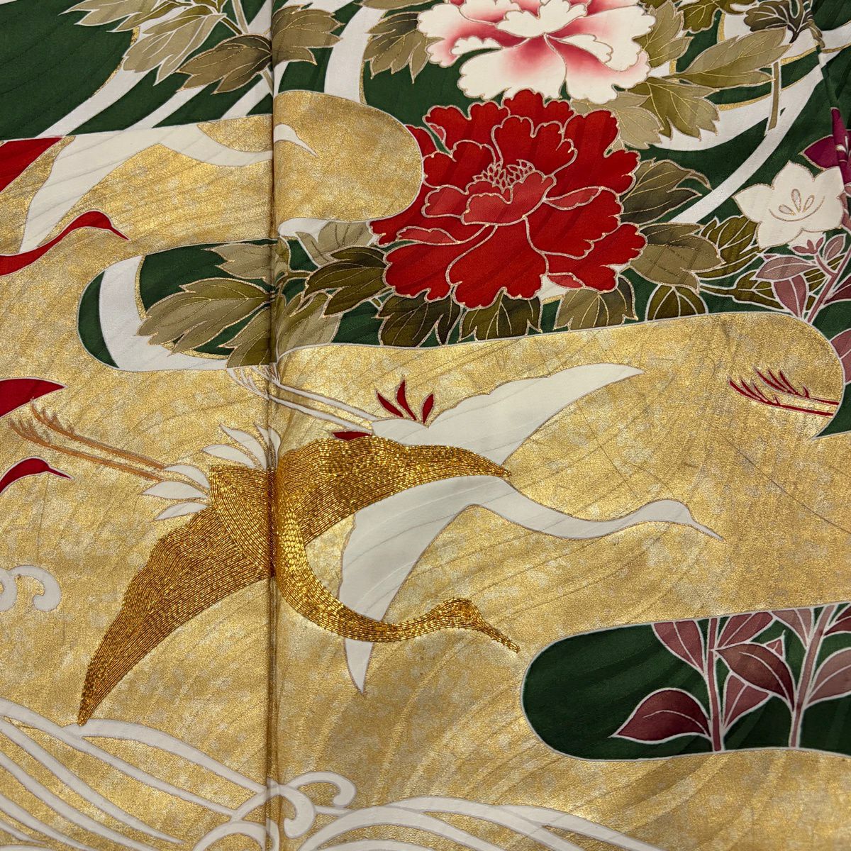 振袖禮服 身長170.5cm 袖長66cm M 雙層 仙鶴 牡丹 金絲 金銀彩 綠 純蠶絲 名品級