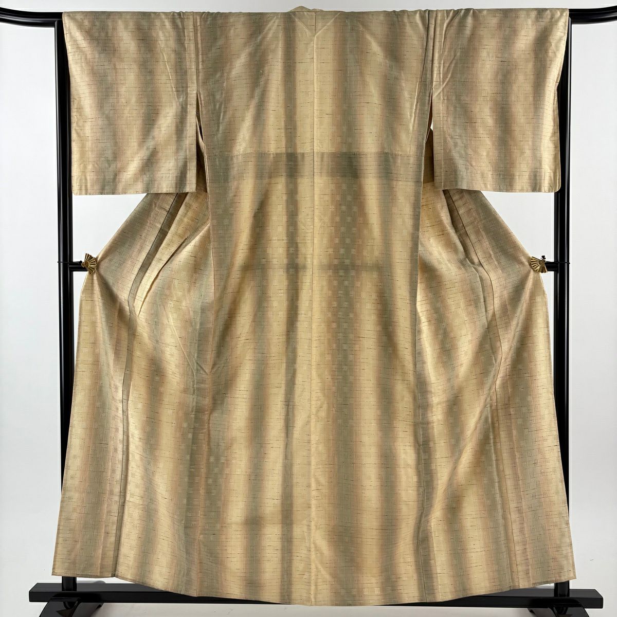 【美品】 紬織 身長160cm 袖長65.5cm M 單層 垂直條紋 幾何圖案 米色 純蠶絲 名品級