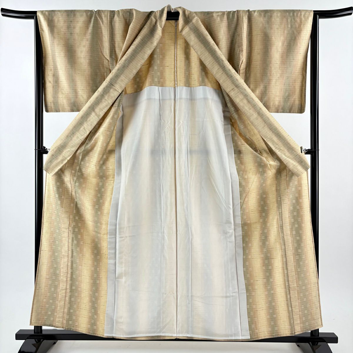 【美品】 紬織 身長160cm 袖長65.5cm M 單層 垂直條紋 幾何圖案 米色 純蠶絲 名品級