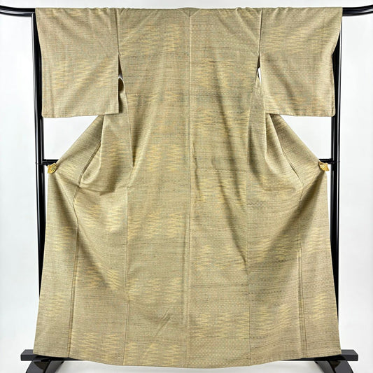 【美品】 紬織 身長163cm 袖長65.5cm M 雙層 幾何圖案 條紋 抹茶 純蠶絲 名品級