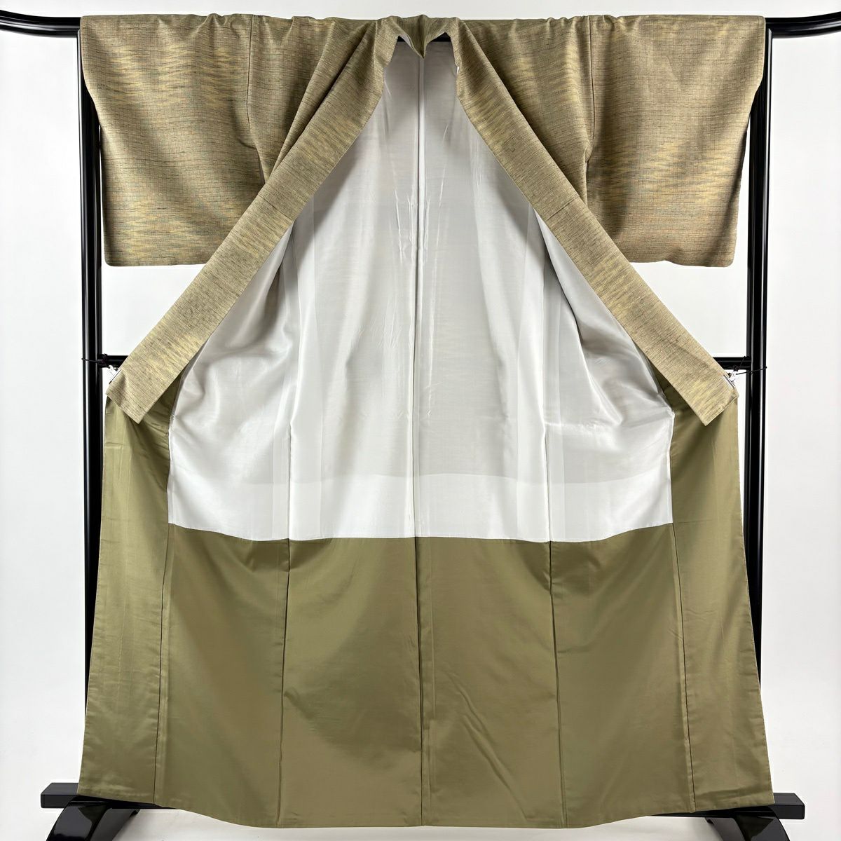 【美品】 紬織 身長163cm 袖長65.5cm M 雙層 幾何圖案 條紋 抹茶 純蠶絲 名品級
