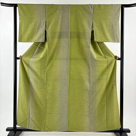 小紋 身長159cm 袖長62.5cm S 雙層 有落款 墨流し 漸層 艾綠 純蠶絲 名品級