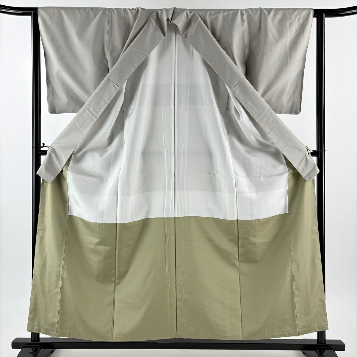 【美品】 小紋 身長157.5cm 袖長63.5cm S 雙層 縱條 灰 純蠶絲 名品級