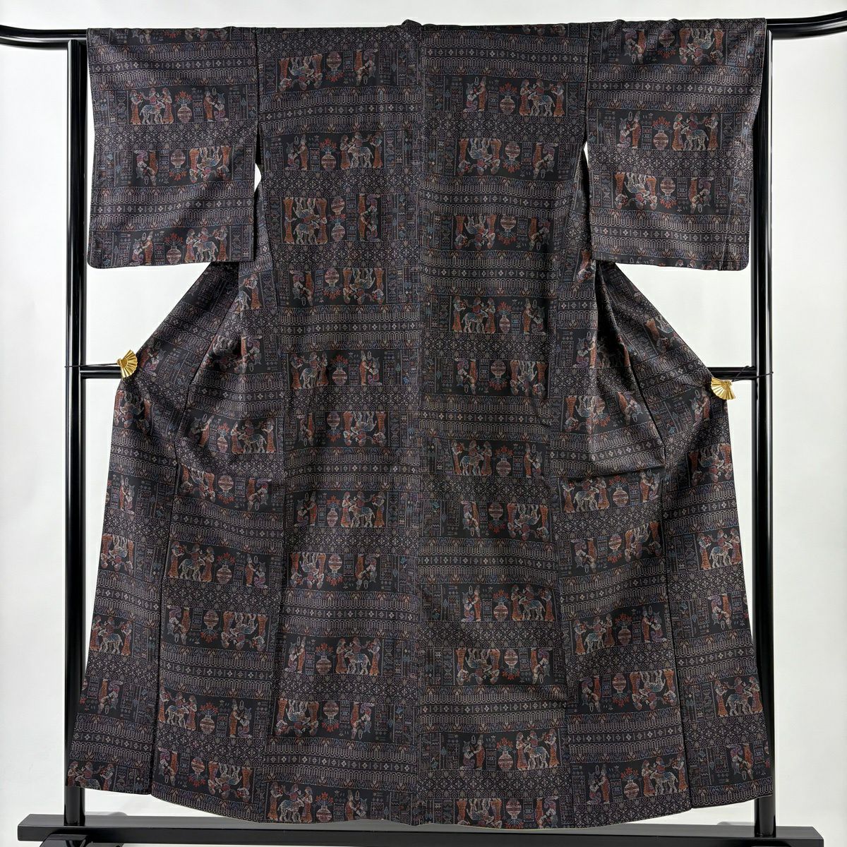 【美品】紬織織 身長154cm 袖長63.5cm S 雙層 科普特圖案 墨色 純蠶絲 名品級