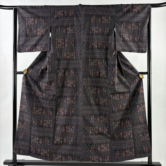 【美品】紬織織 身長154cm 袖長63.5cm S 雙層 科普特圖案 墨色 純蠶絲 名品級