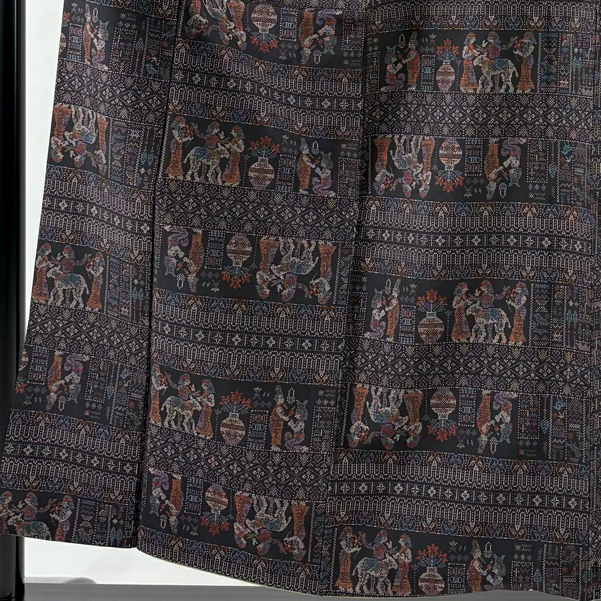 【美品】紬織織 身長154cm 袖長63.5cm S 雙層 科普特圖案 墨色 純蠶絲 名品級