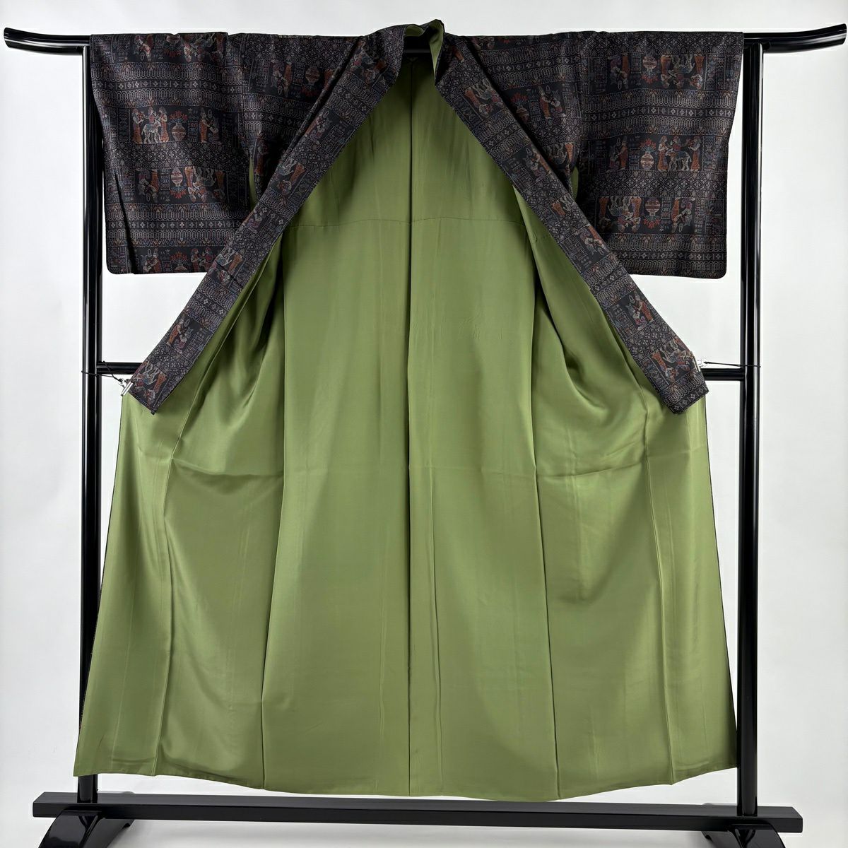 【美品】紬織織 身長154cm 袖長63.5cm S 雙層 科普特圖案 墨色 純蠶絲 名品級