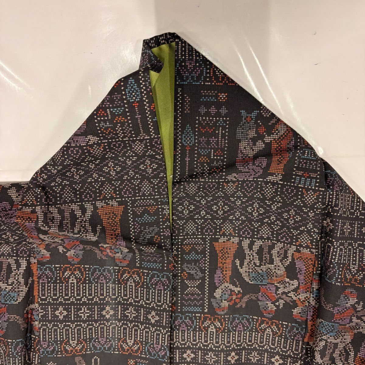【美品】紬織織 身長154cm 袖長63.5cm S 雙層 科普特圖案 墨色 純蠶絲 名品級