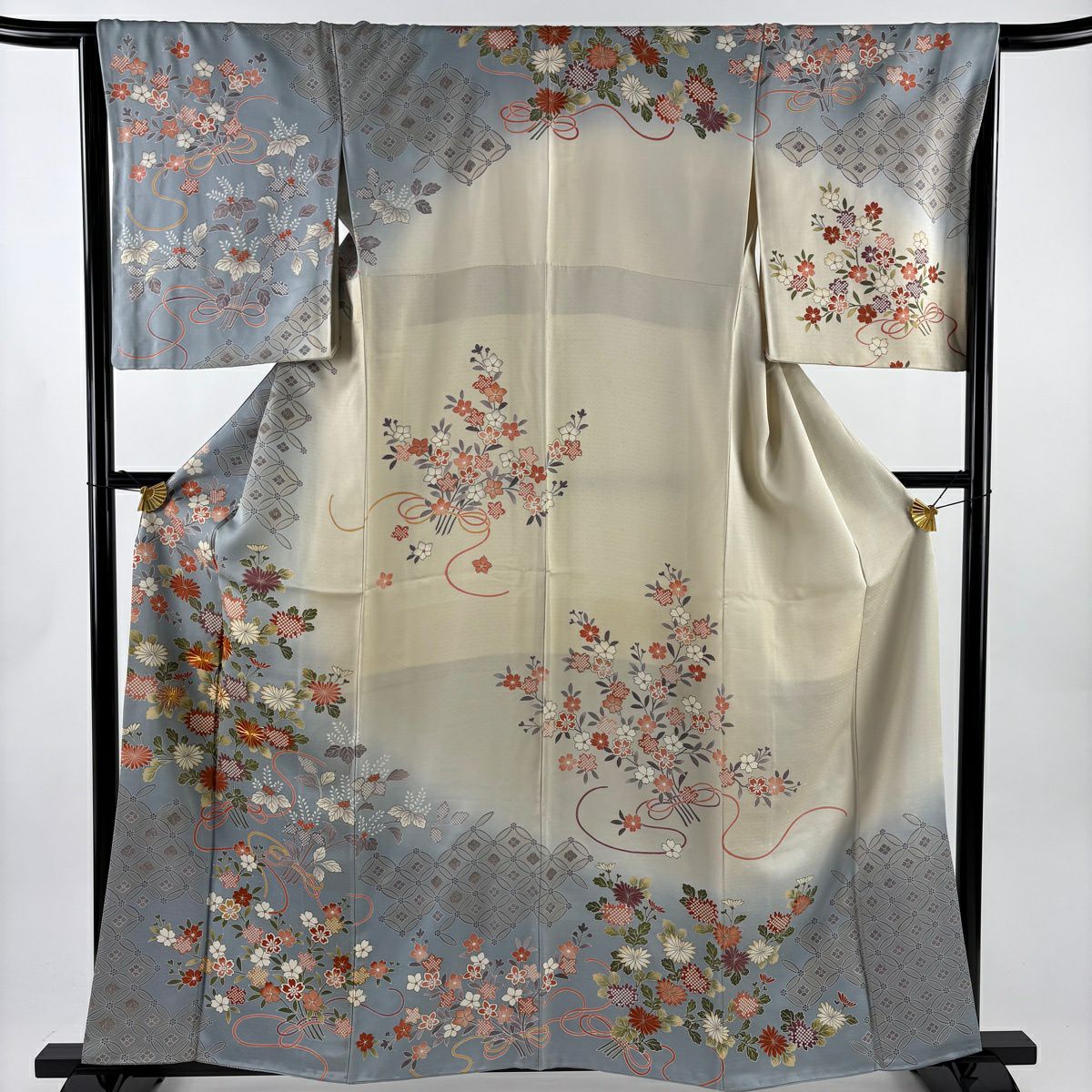 訪問服 身長160cm 袖長65.5cm M 雙層 菊花花 櫻花 金線 金銀彩 青灰 純蠶絲 名品級