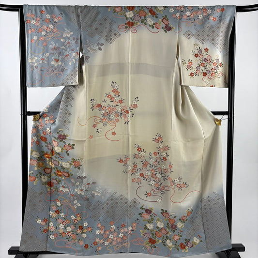 訪問服 身長160cm 袖長65.5cm M 雙層 菊花花 櫻花 金線 金銀彩 青灰 純蠶絲 名品級