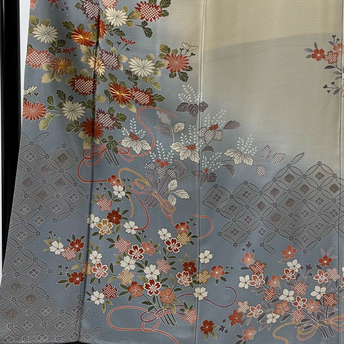 訪問服 身長160cm 袖長65.5cm M 雙層 菊花花 櫻花 金線 金銀彩 青灰 純蠶絲 名品級