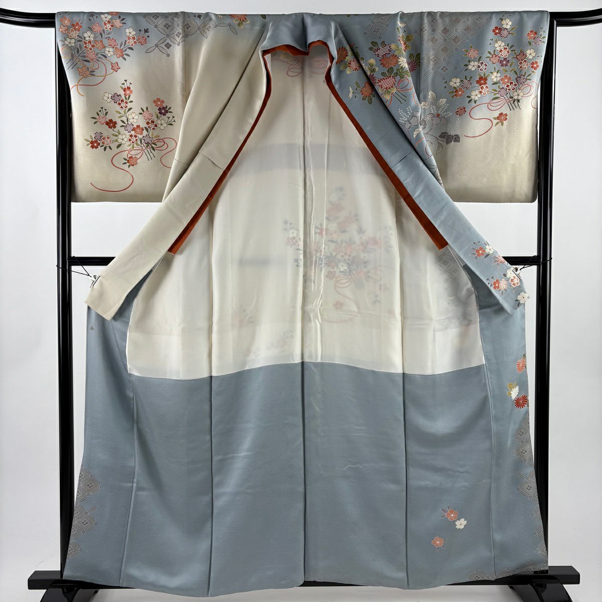 訪問服 身長160cm 袖長65.5cm M 雙層 菊花花 櫻花 金線 金銀彩 青灰 純蠶絲 名品級