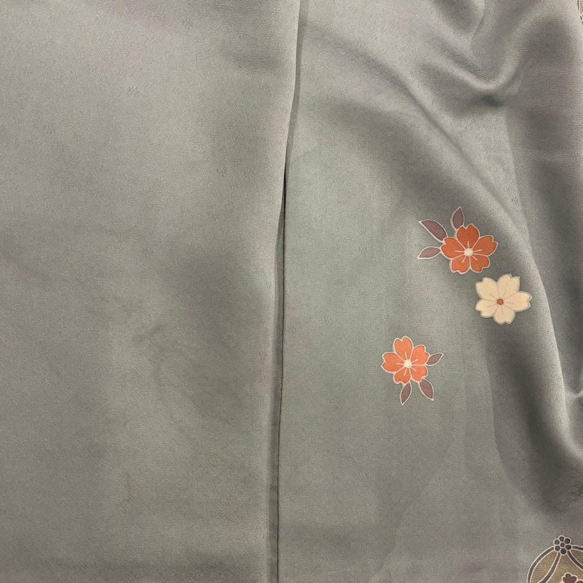 訪問服 身長160cm 袖長65.5cm M 雙層 菊花花 櫻花 金線 金銀彩 青灰 純蠶絲 名品級