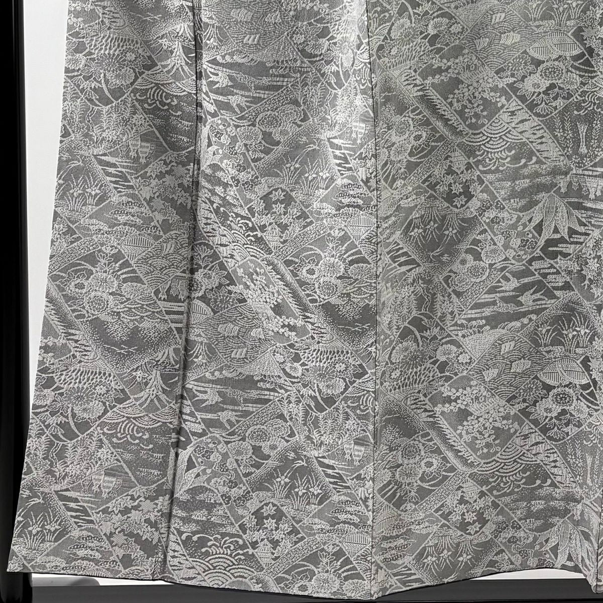 小紋 身長153.5cm 袖長66.5cm M 雙層 紋意匠 鳥 草花紋 灰 純蠶絲 名品級
