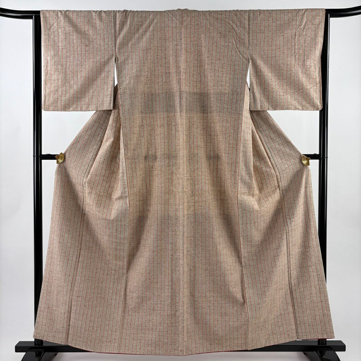 【美品】 紬織 身長158cm 袖長64cm M 雙層 垂直條紋 淺茶 純蠶絲 名品級
