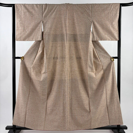 【美品】 紬織 身長158cm 袖長64cm M 雙層 垂直條紋 淺茶 純蠶絲 名品級