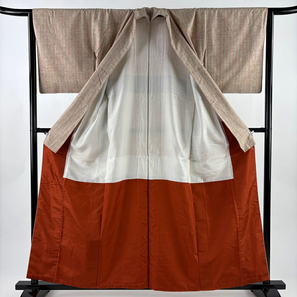 【美品】 紬織 身長158cm 袖長64cm M 雙層 垂直條紋 淺茶 純蠶絲 名品級